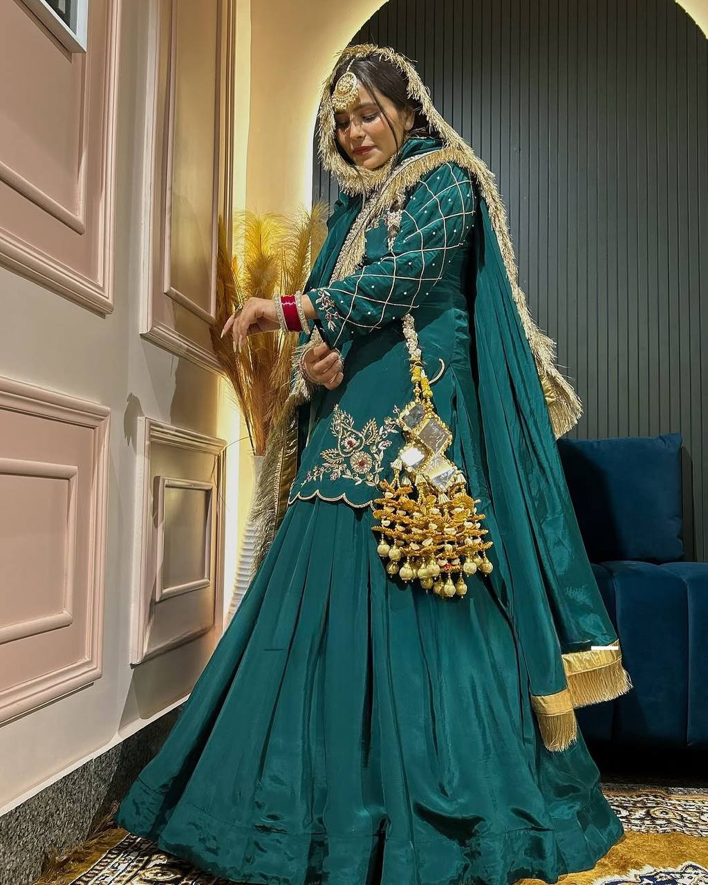 Royal Emerald Natural Crepe Silk Full Sleeve Ethnic Gown Set