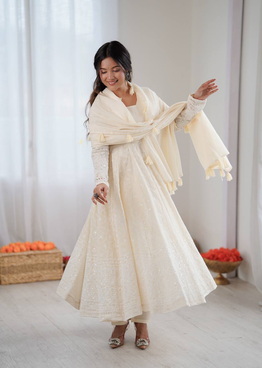 Elegant Cream Partywear Anarkali Gown Set