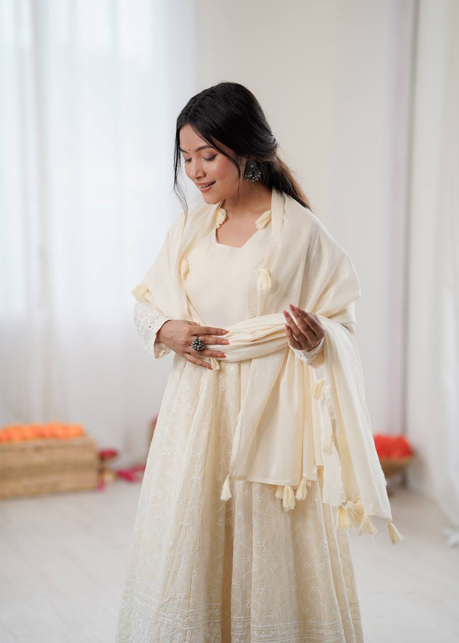 Elegant Cream Partywear Anarkali Gown Set