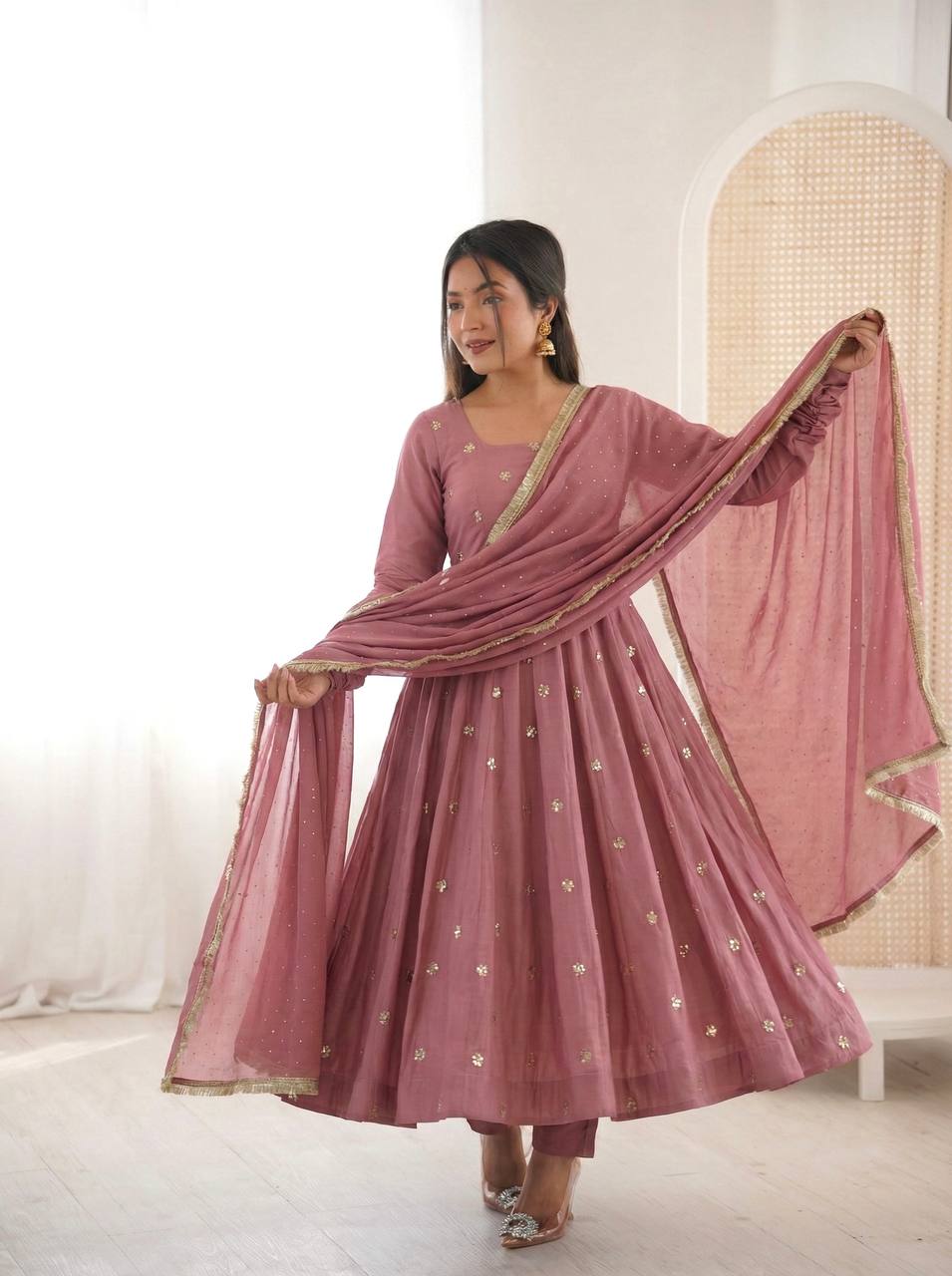 Royal Dusty Pink Flared Anarkali Dress with Gold Motifs