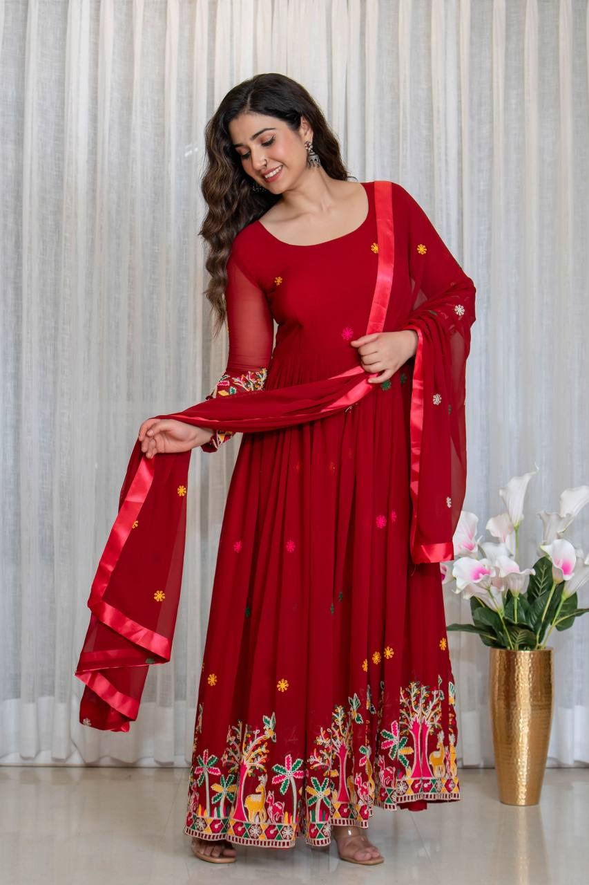 Royal Crimson Embroidered Anarkali Gown