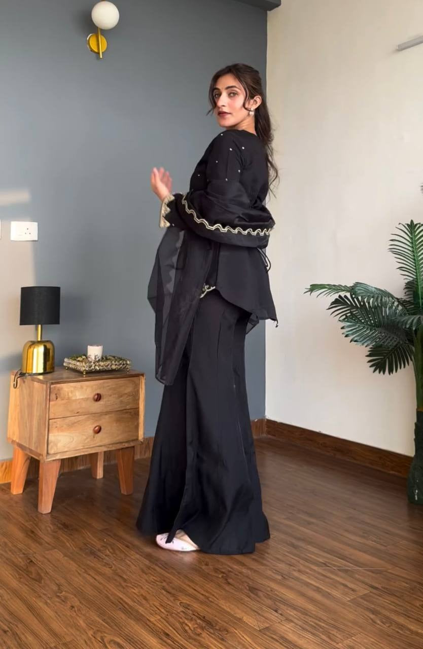 Black Pearl Embroidered Kurti with Palazzo