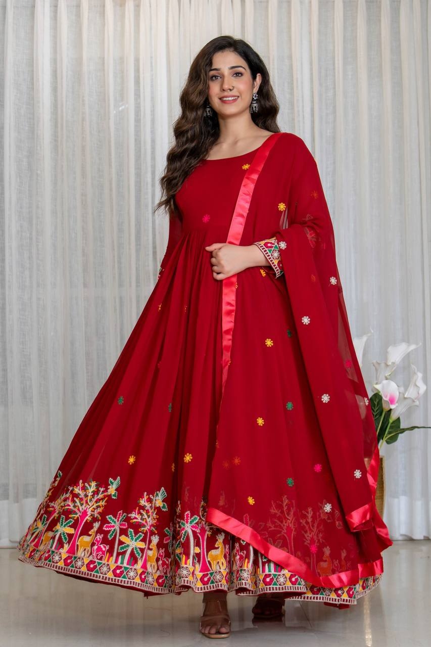 Royal Crimson Embroidered Anarkali Gown
