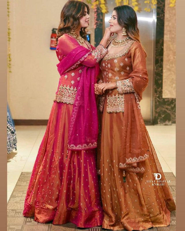 Royal Rani Pink & Mehendi Brown Embroidered Lehenga Set