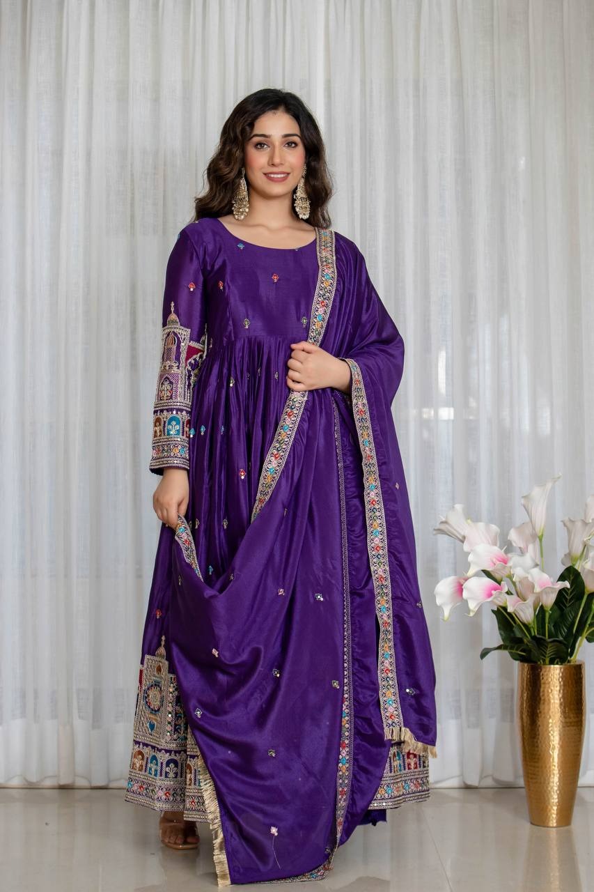 Royal Purple Embroidered Anarkali Suit Set with Dupatta