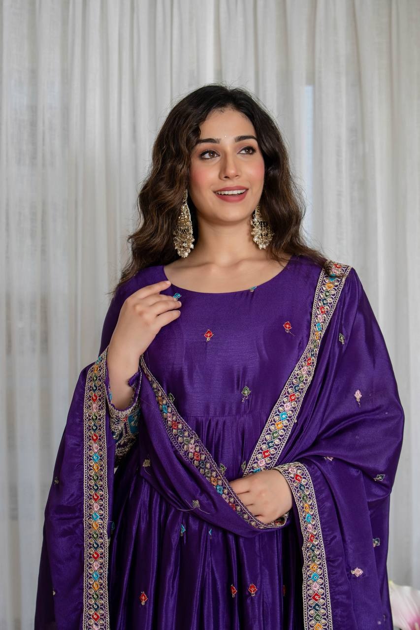 Royal Purple Embroidered Anarkali Suit Set with Dupatta