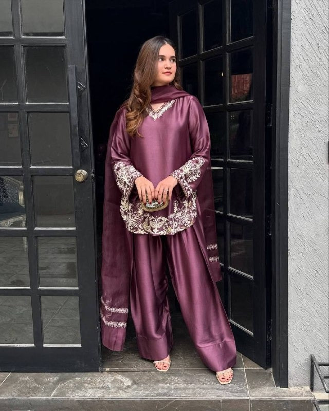Royal Satin Embroidered Kurta Palazzo Set with Dupatta