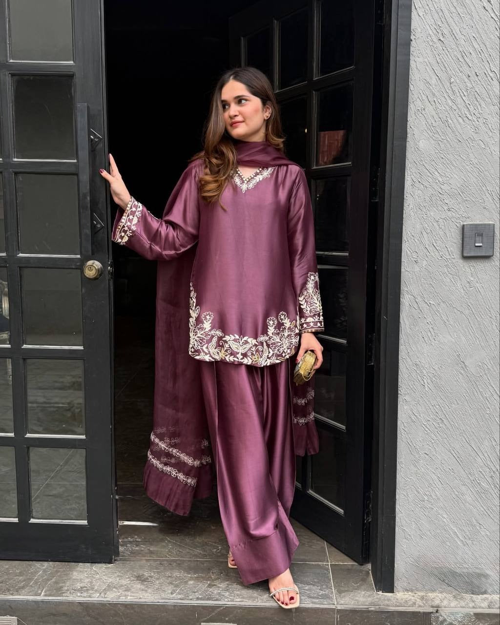 Royal Satin Embroidered Kurta Palazzo Set with Dupatta