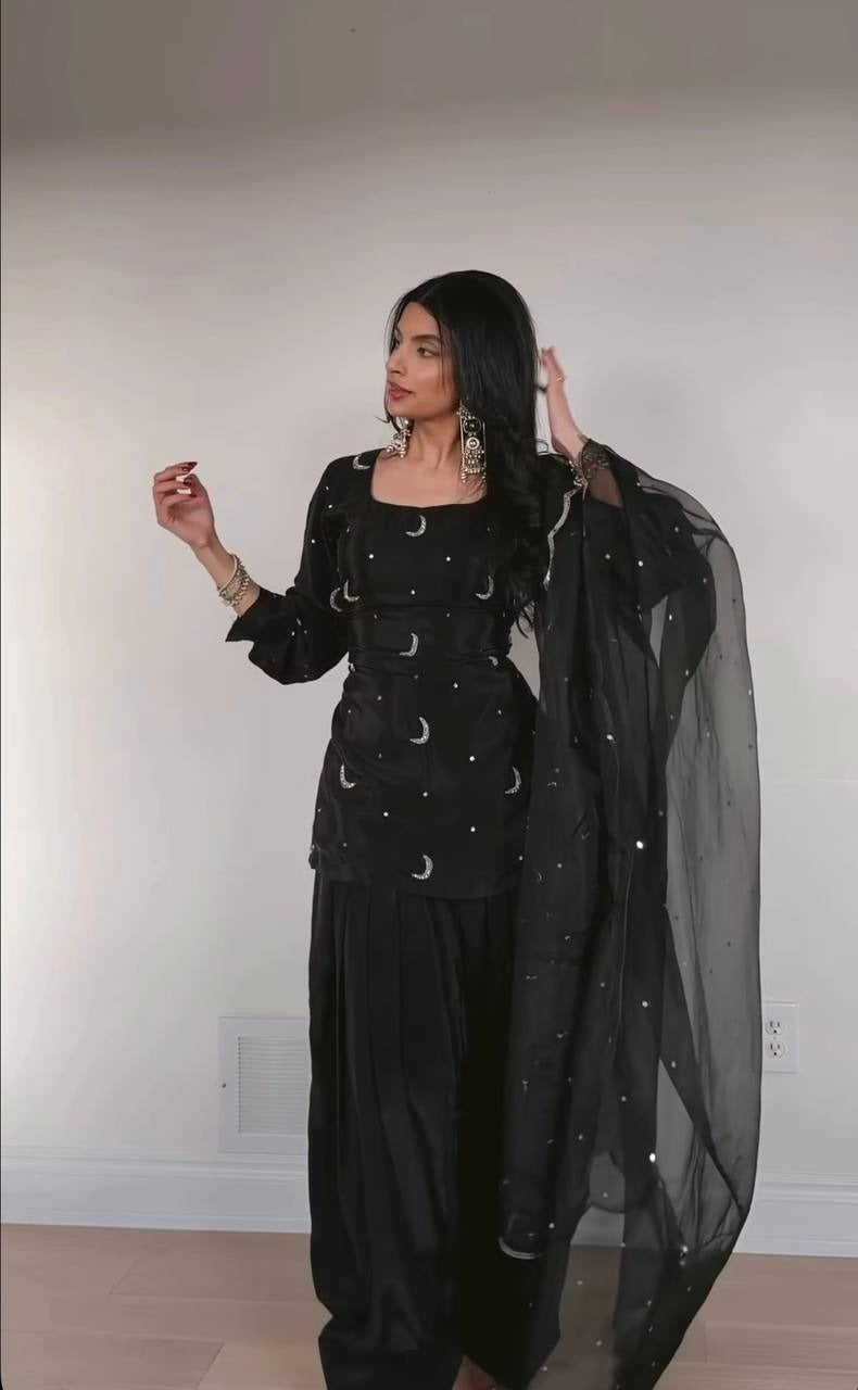 Black Embroidered Sharara Set with Organza Dupatta
