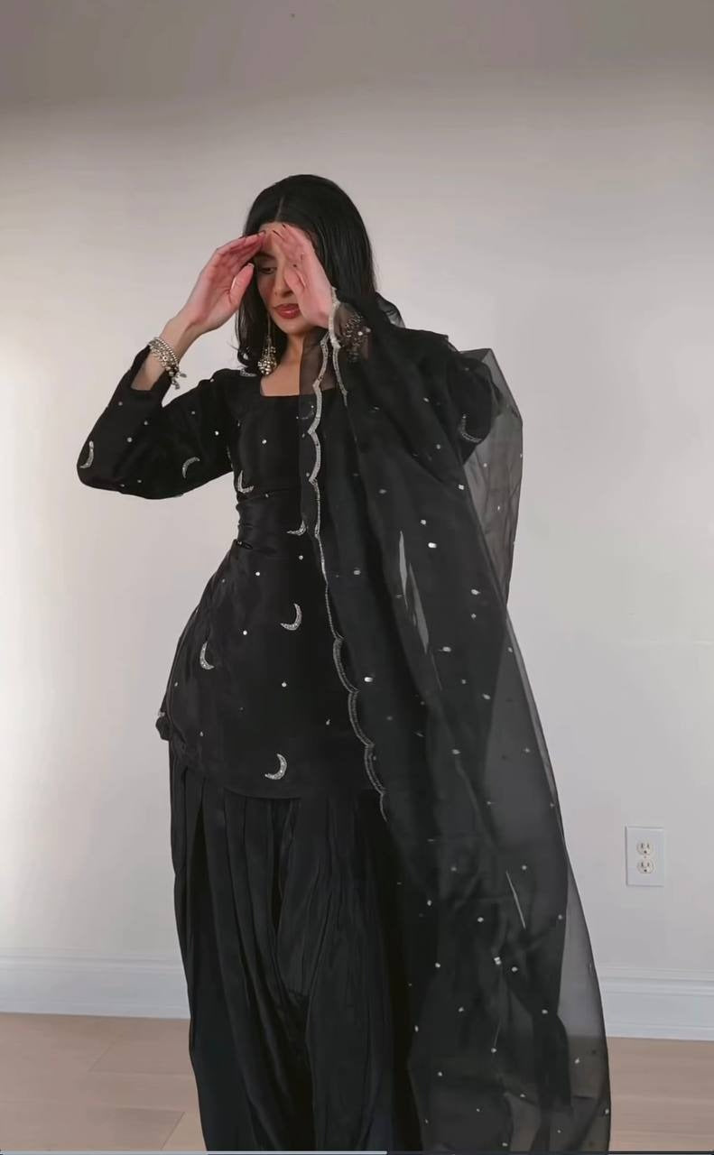 Black Embroidered Sharara Set with Organza Dupatta