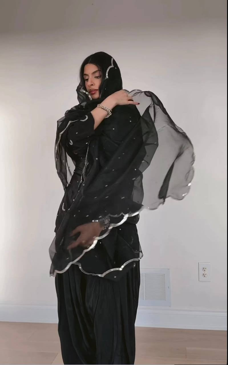Black Embroidered Sharara Set with Organza Dupatta