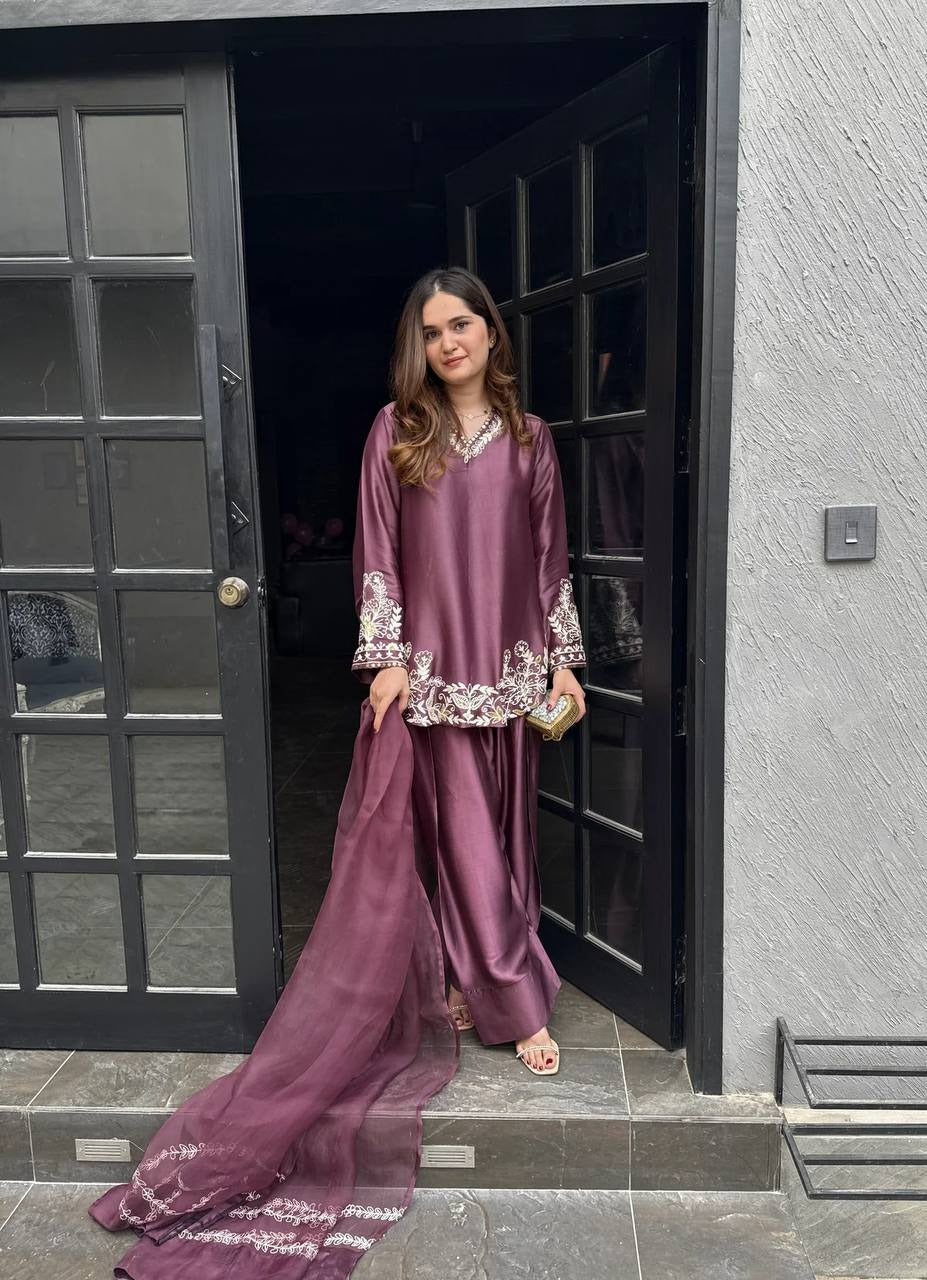 Royal Satin Embroidered Kurta Palazzo Set with Dupatta