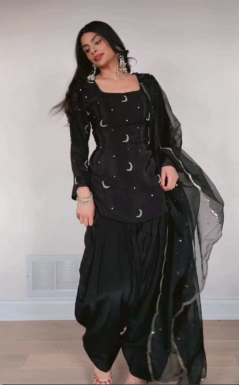 Black Embroidered Sharara Set with Organza Dupatta