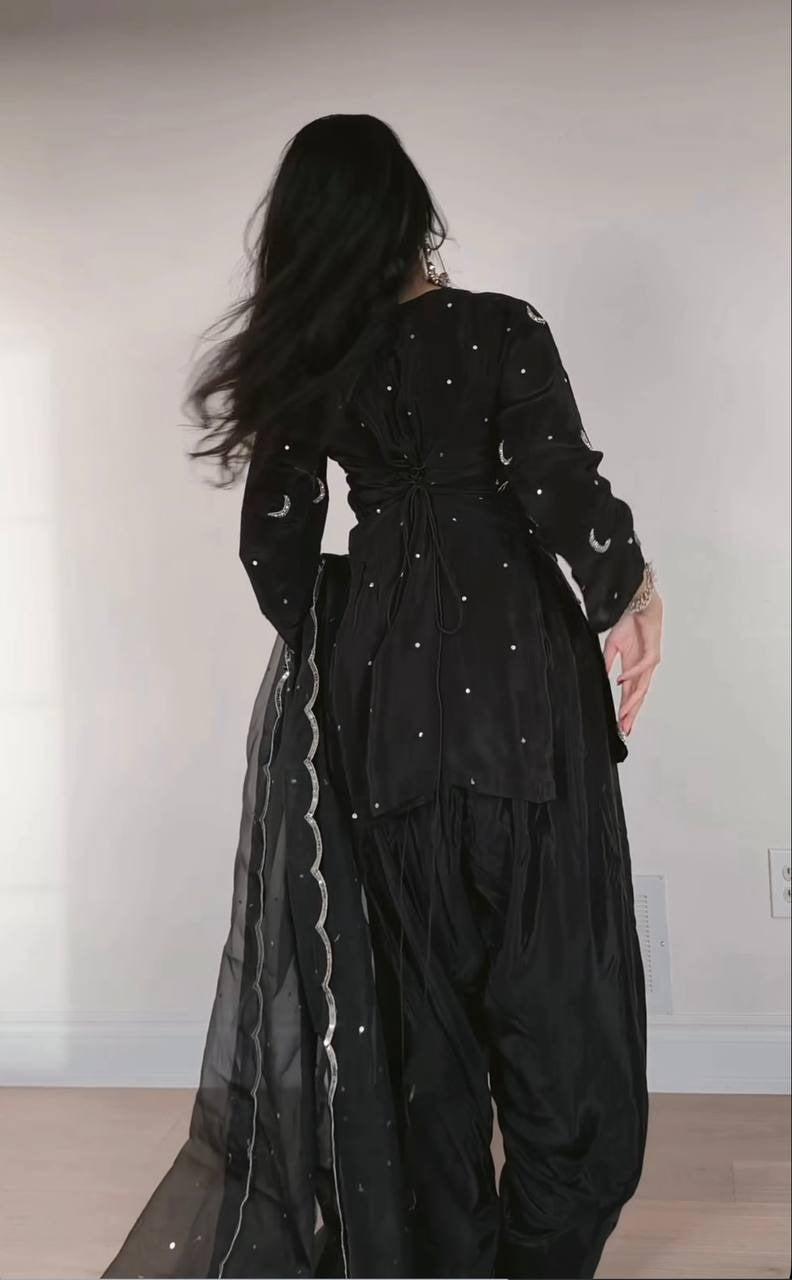 Black Embroidered Sharara Set with Organza Dupatta