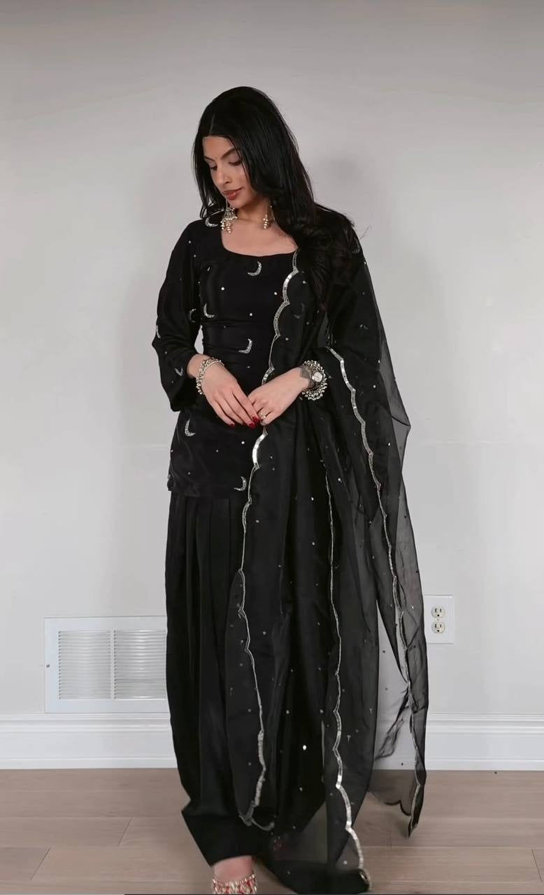Black Embroidered Sharara Set with Organza Dupatta