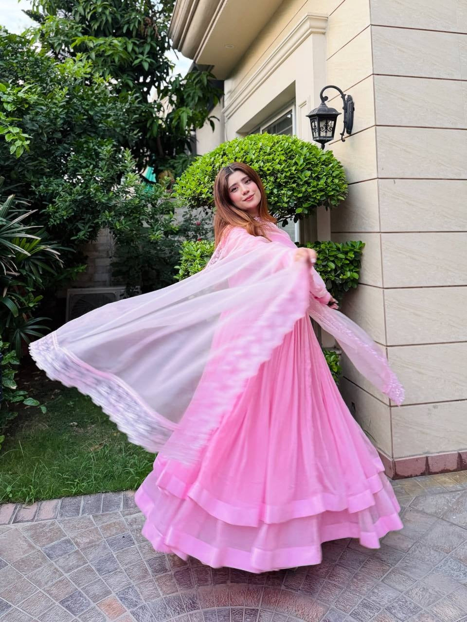 Blush Pink Flowy Anarkali Gown with Dupatta