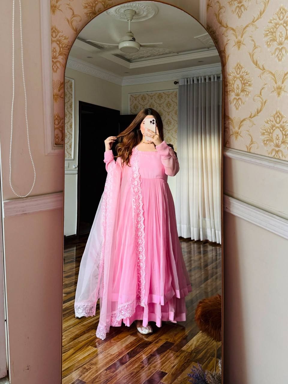 Blush Pink Flowy Anarkali Gown with Dupatta