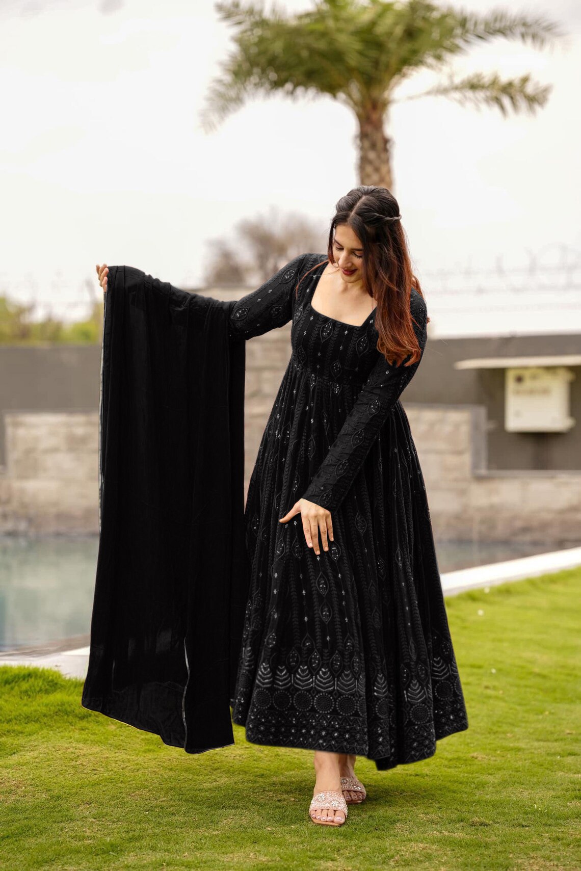 Designer Black Long Anarkali Dress with Intricate Work