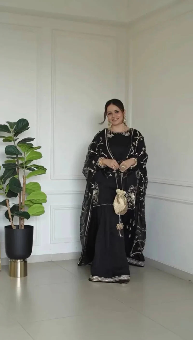 Pure Natural Crep With Embroidery Sequence Work Kurta Set