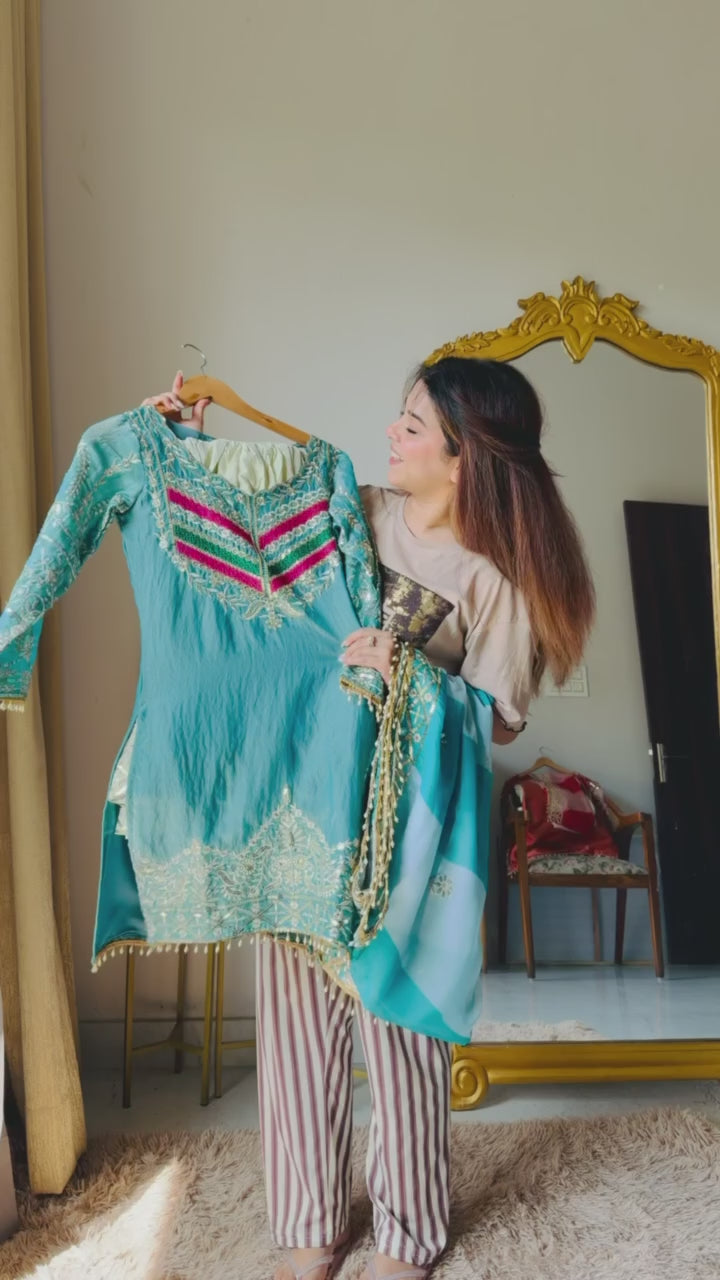 Aqua Elegance Embroidered Kurta Sharara Set