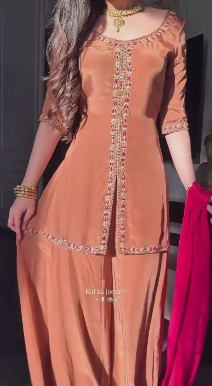 Elegant Brown Embroidered Kurta Set with Pink Dupatta
