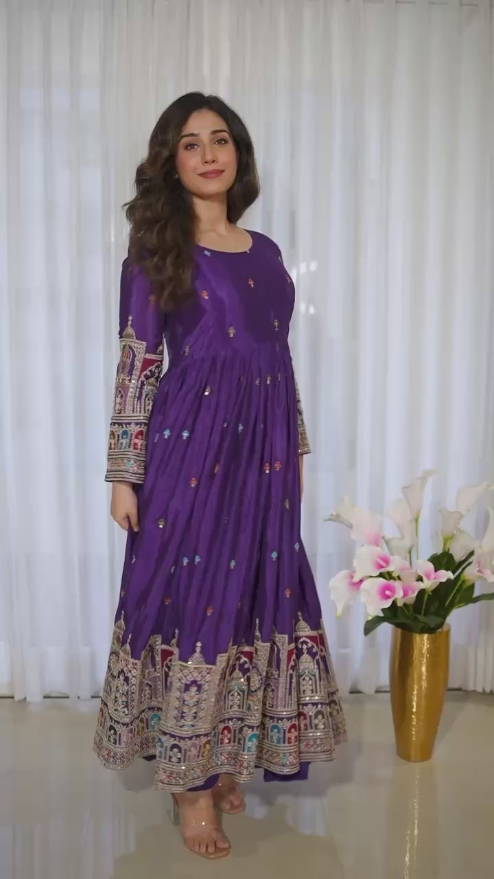 Royal Purple Embroidered Anarkali Suit Set with Dupatta